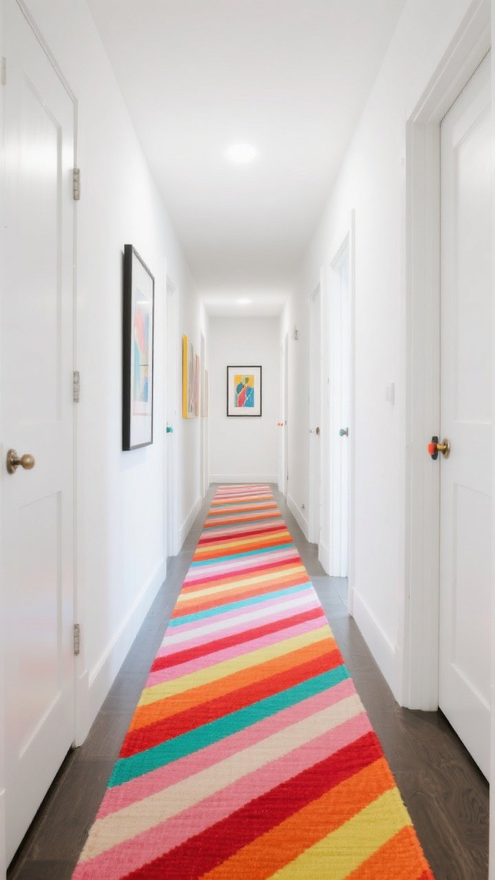 Long hallway, straight-on wide shot: A candy-stripe runner with variegated diagonal stripes in cherry red, tangerine, lemon, mint, cobalt, and pink, pulling you down a bright corridor. Flatweave, low-pile construction signals high-traffic practicality. The runner’s brightest stripe color repeats in slim art frames and a gallery wall mat. Clean white doors line the hall, with cabinet hardware in colors drawn from the runner’s palette. Bright, even overhead lighting emphasizes energy and direction.
