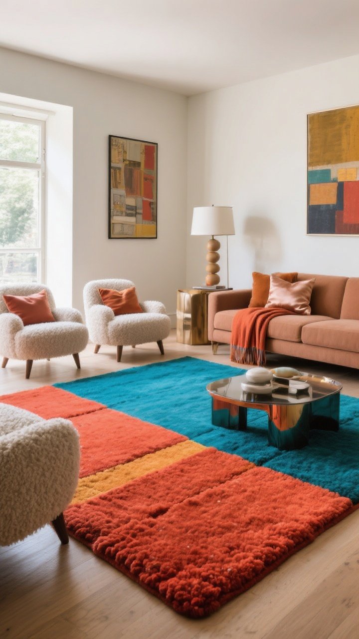 Low-angle, medium-wide living room shot: A hand-tufted colorfield rug behaving like floor art, with large, softly edged blocks in paprika, peacock blue, and a supporting clay neutral. Low-slung furniture keeps the color blocks visible. Color echoing appears in wall art, throws, and lampshades that mirror the rug’s palette. Mixed textures—bouclé chairs, silk cushions, glossy side tables—elevate the scene. Bright but diffused natural light maintains quiet boldness without busy motifs.