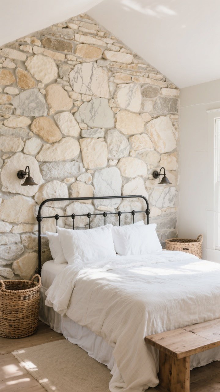 Medium bedroom scene: a stone accent wall as a headboard wall in a cozy farmhouse bedroom, using soft-toned stones in creams, beiges, and gentle gray veining to keep the small room airy. Linen bedding in off-white, black iron bed frame and wall-mounted iron sconces, woven baskets on a wooden bench. Light filtering morning daylight. Texture-rich but calm, photorealistic, straight-on composition that grounds the room and highlights the intentional, single statement wall.