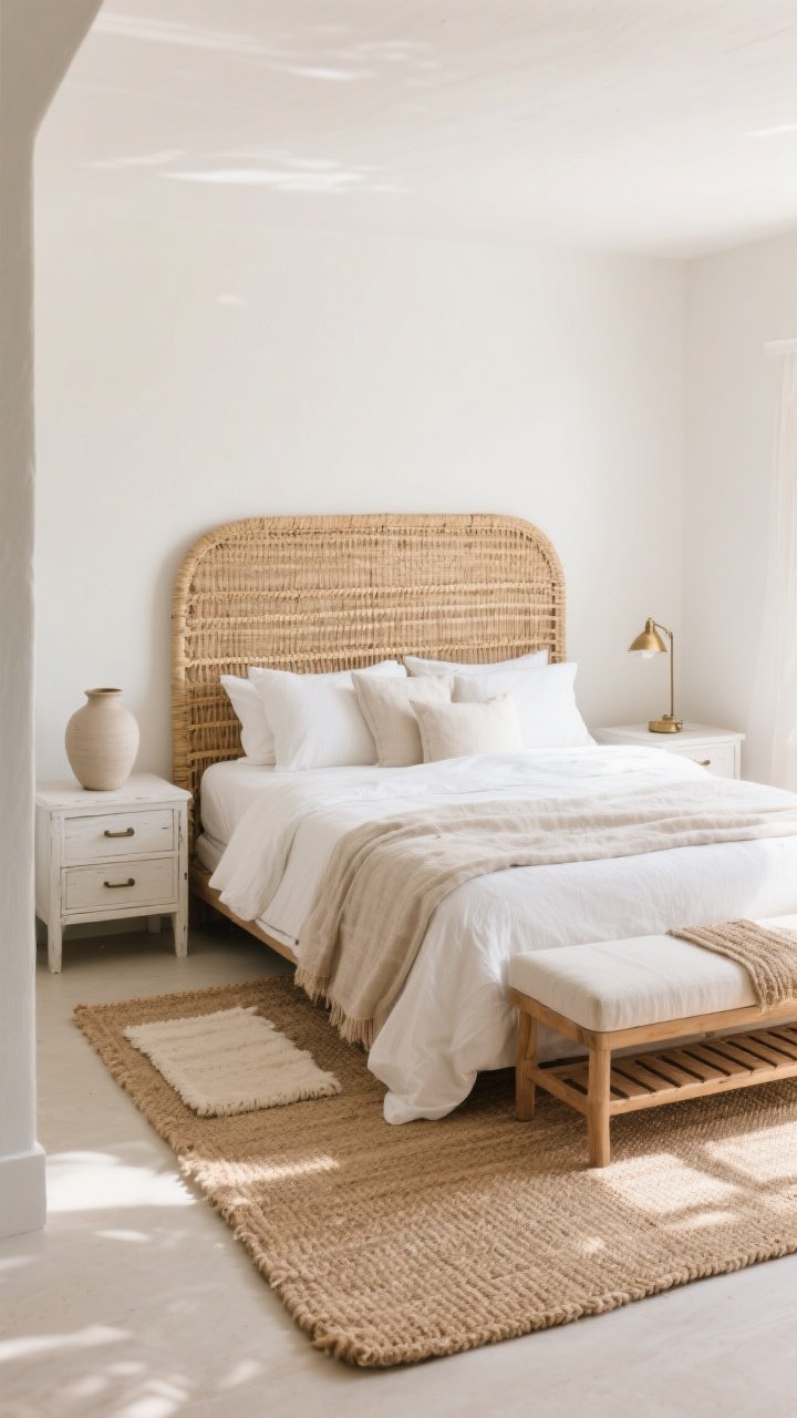 Medium corner angle of a coastal bedroom highlighting natural textures: a woven seagrass or cane headboard behind a neatly made bed, rattan-front or whitewashed nightstands, and a teak slat bench or linen-upholstered bench at the foot. Ground the space with a large jute or sisal rug (8x10 or 9x12 feel), layered with a smaller soft cotton or wool rug near the bed for foot comfort. Add contrasting textures—nubby linen bedding, a smooth ceramic vase, and a touch of brushed brass on a lamp or pull. Bright daytime light, sand-friendly, relaxed yet refined.