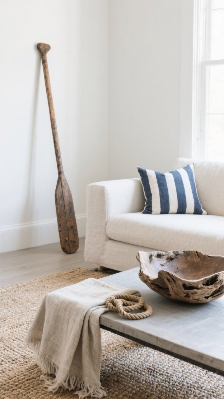 Medium corner angle of a living room vignette highlighting natural textures: an old wooden oar casually leaning in the corner, a sculptural driftwood bowl on a low table (partly empty, emphasizing negative space) with a couple of rope knots, and layered textiles—a jute rug underfoot, a linen throw, and a navy-and-white striped pillow on a neutral sofa; contrast between rugged wood and crisp whites/soft blues; calm daylight, effortless and organic.