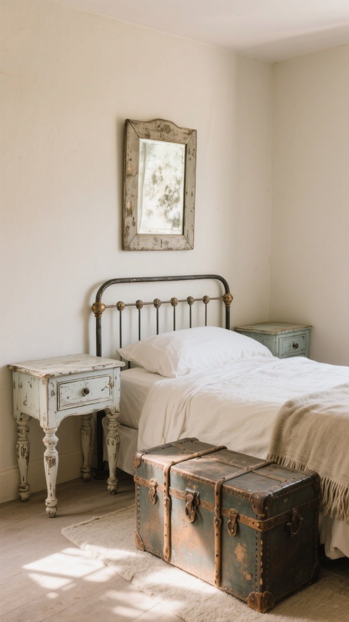 Medium corner angle showcasing curated vintage elements: mismatched antique bedside tables with turned legs and slight carved details flank an iron bed; an old mirror with foxed glass hangs above, reflecting gentle light; a timeworn trunk/blanket chest sits at the foot of the bed providing patina; finishes show light distressing (chalk-painted, softly sanded, waxed) for rustic-not-wrecked character; neutral linens keep focus on the aged pieces; warm afternoon light; photorealistic, no people.