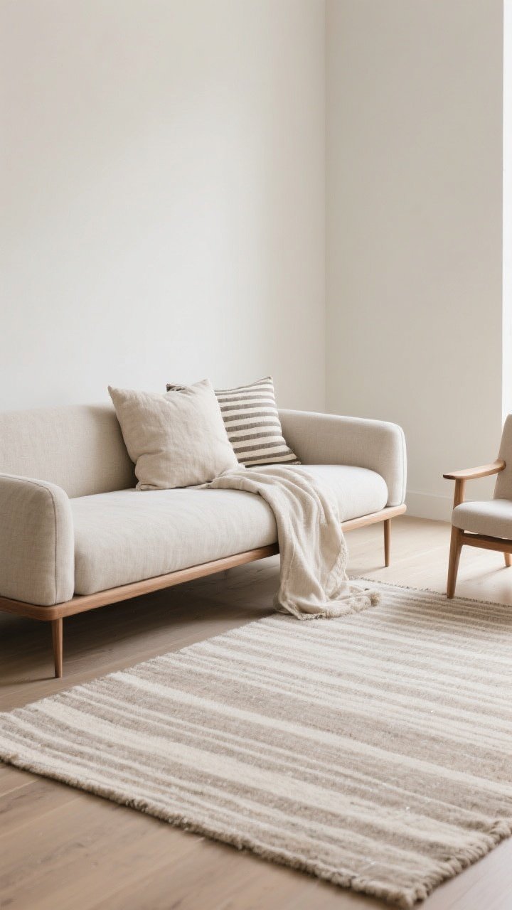 Medium corner shot: Modern sofa with clean, straight legs and thin arms, styled with layered textures. On the floor, a flatweave wool rug in tone-on-tone soft stripes. On the sofa: a mix of two textures and one pattern—nubby linen pillow, smooth cotton pillow, and a subtle striped cushion—plus a lightweight linen throw draped for summer. A sleek wood lounge chair with airy upholstery sits nearby, emphasizing the contrast between streamlined furniture bones and tactile textiles. Soft, even daylight enhances fabric weaves.