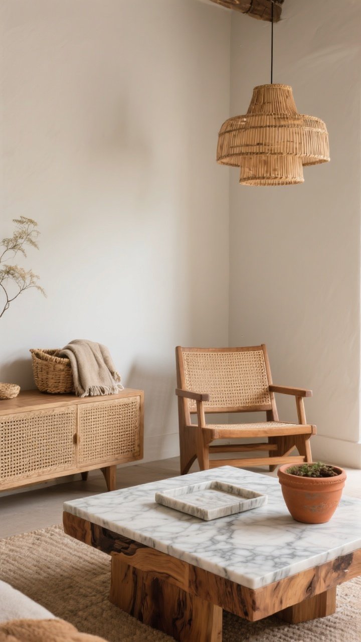 Medium corner shot showcasing mixed natural materials: a low solid wood coffee table with visible grain, paired with a rattan accent chair and a cane-front console; accents include seagrass baskets holding throws, a marble tray on the coffee table, and a terracotta planter with subtle patina; lighting from a woven bamboo pendant above to add texture, mixing matte wood and terracotta with glossy marble so light plays across surfaces; warm, inviting ambiance; no people, photorealistic.