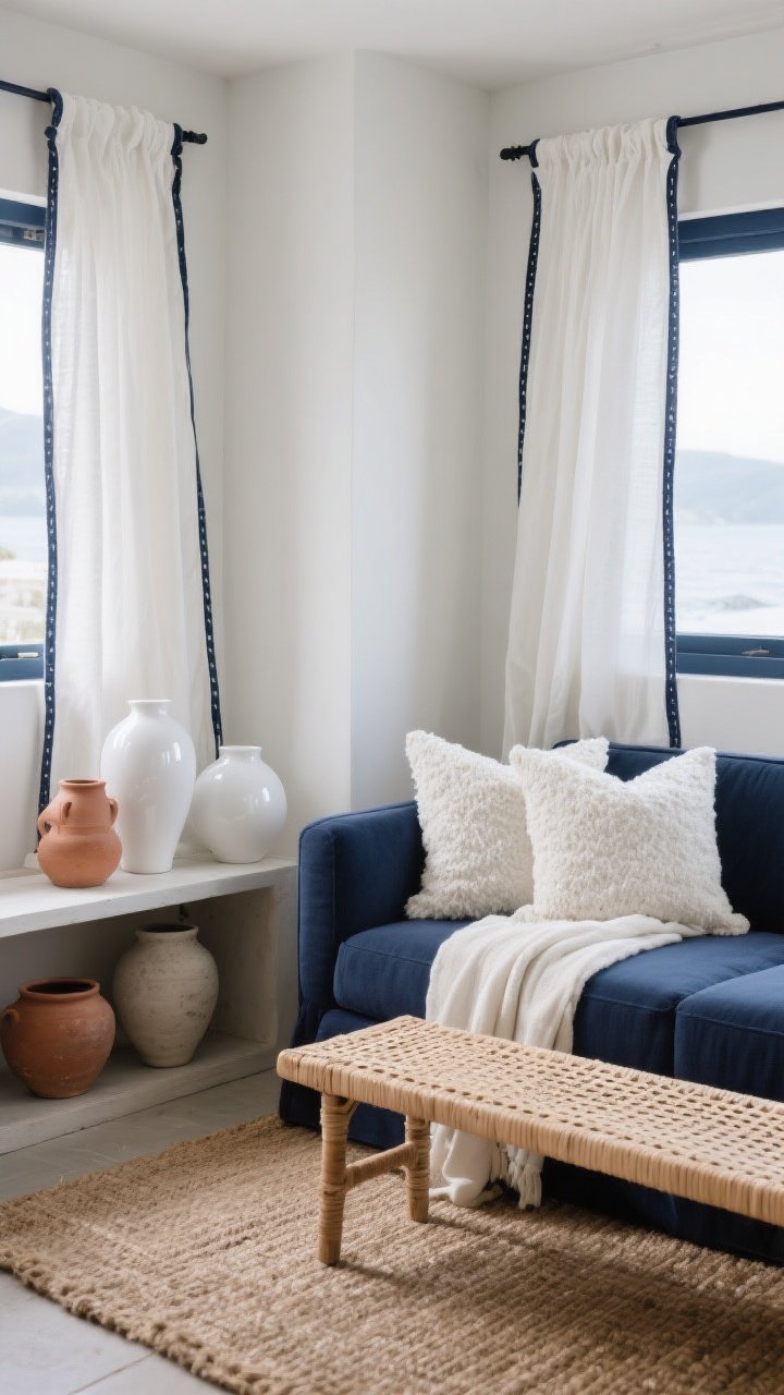 Medium corner vignette, soft natural light: focus on layered textures. A clean-lined navy sofa is paired with nubby white bouclé pillows and a linen throw. On a nearby console, glossy white ceramics sit next to matte terracotta and chalky pottery for shiny vs. matte contrast. A rattan bench meets crisp white drapery with a navy tape trim. White linen window panels with a navy border frame the scene. Ground with a jute rug but keep heavier textures low and lighter textures up top to avoid visual weight. Calm, tactile coastal depth; photorealistic; no people.