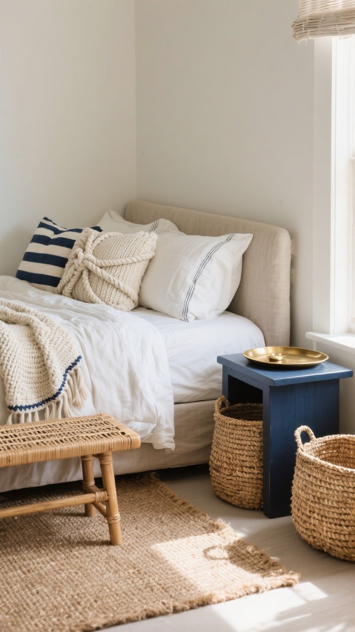 Medium/detail mix: A corner vignette showcasing layered textures—lightweight linen duvet and cotton percale sheets on a bed, topped with chunky knit throws and pillows with rope details and subtle navy-and-white stripes. At the foot, a rattan bench and woven seagrass baskets on a jute rug. Brass tray on a lacquered navy side table adds a polished contrast to matte linens and jute. Warm natural daylight for a relaxed, lived-in look; photorealistic.
