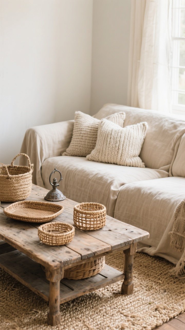 Medium/detail shot from a corner angle: A linen slipcovered sofa in oatmeal paired with a reclaimed wood coffee table on a seagrass rug. Layer in chunky knit and linen pillows, a jute basket, a rattan tray, and a couple of woven cane accents. Add a small vintage metal object on the table for farmhouse contrast. Soft, diffused daylight to emphasize tactile textures; the scene feels touchable and cozy.