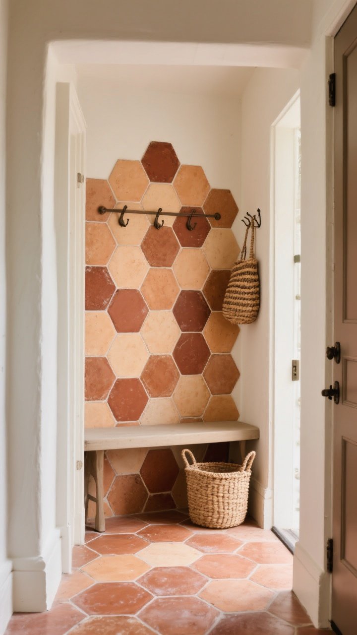 Medium entryway shot from a slight corner angle: Old-world hexagon terracotta tiles in mixed tones of apricot, cinnamon, and rust, finished with a soft wax-sealed sheen. A stylish mudroom/entry vignette with a simple bench, wall hooks, and a woven basket; subtle pattern creates a welcoming “moment.” Soft, even natural light highlighting the clay texture; edges show careful cuts near the walls, photorealistic, no people.