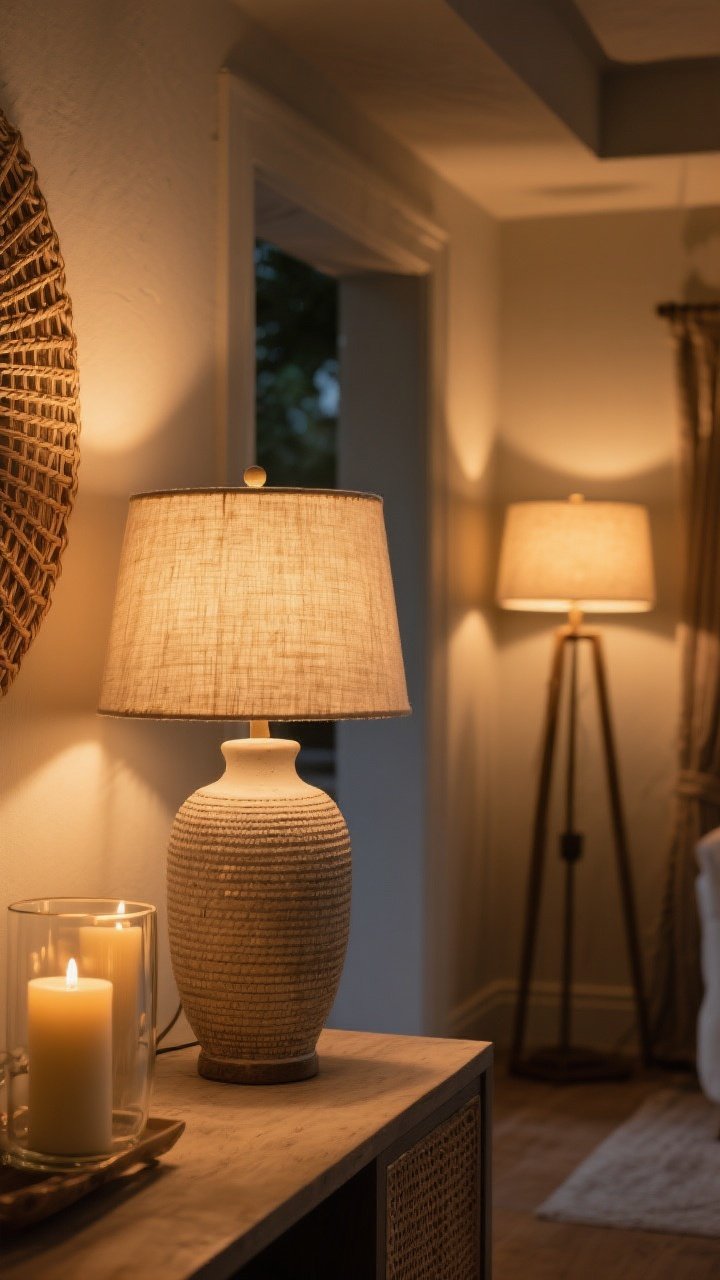 Medium evening vignette of layered ambient lighting for a golden-hour glow: a ceramic table lamp with a linen or rattan shade casting warm 2700–3000K light on a side table, a complementary floor lamp in the background, subtle overhead light dimmed, and unscented pillar candles in hurricane glass on a console; natural fiber shades adding texture, overall warm, diffused, expensive-yet-effortless mood.
