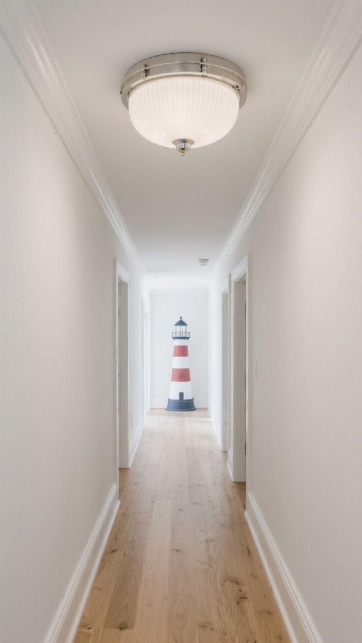 Medium hallway shot with low ceilings featuring a nautical-but-nice flush mount: round milky opal glass diffuser with subtle ribbed edge and matte white trim; brushed nickel details complement light oak floors; high-CRI bulbs (90+) render whites and woods true; elegant lighthouse vibe, bright but calm, straight-on view, photorealistic.