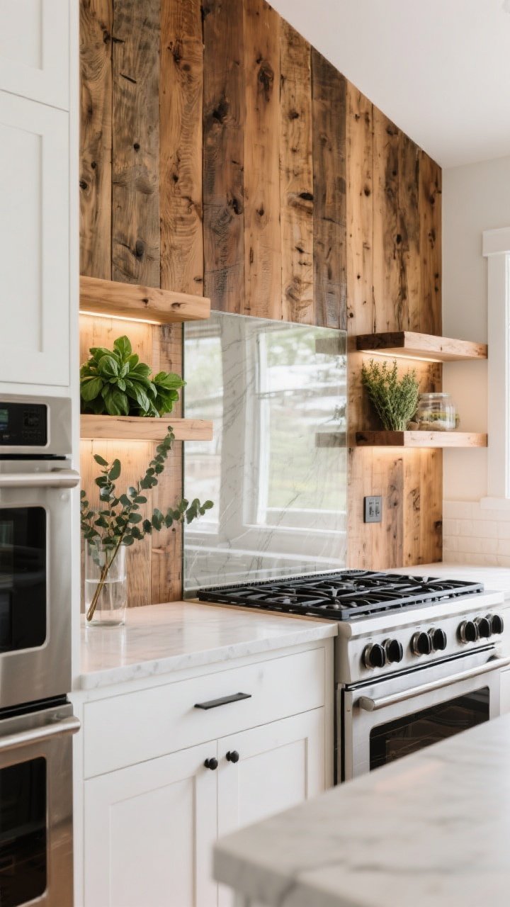Medium kitchen backsplash vignette: reclaimed oak/chestnut backsplash with visible grain, sealed in a food-safe, heat-resistant matte finish; a clear glass or acrylic wipeable panel behind the stove; matte black cabinet hardware on white cabinetry, stainless appliances reflecting warm tones of the wood; open shelves in front of the wood with herbs—basil and thyme—plus a slim eucalyptus stem in glass; wood runs to the ceiling behind the shelves for vertical drama; bright natural daylight with subtle under-shelf lighting; angled perspective from counter height.