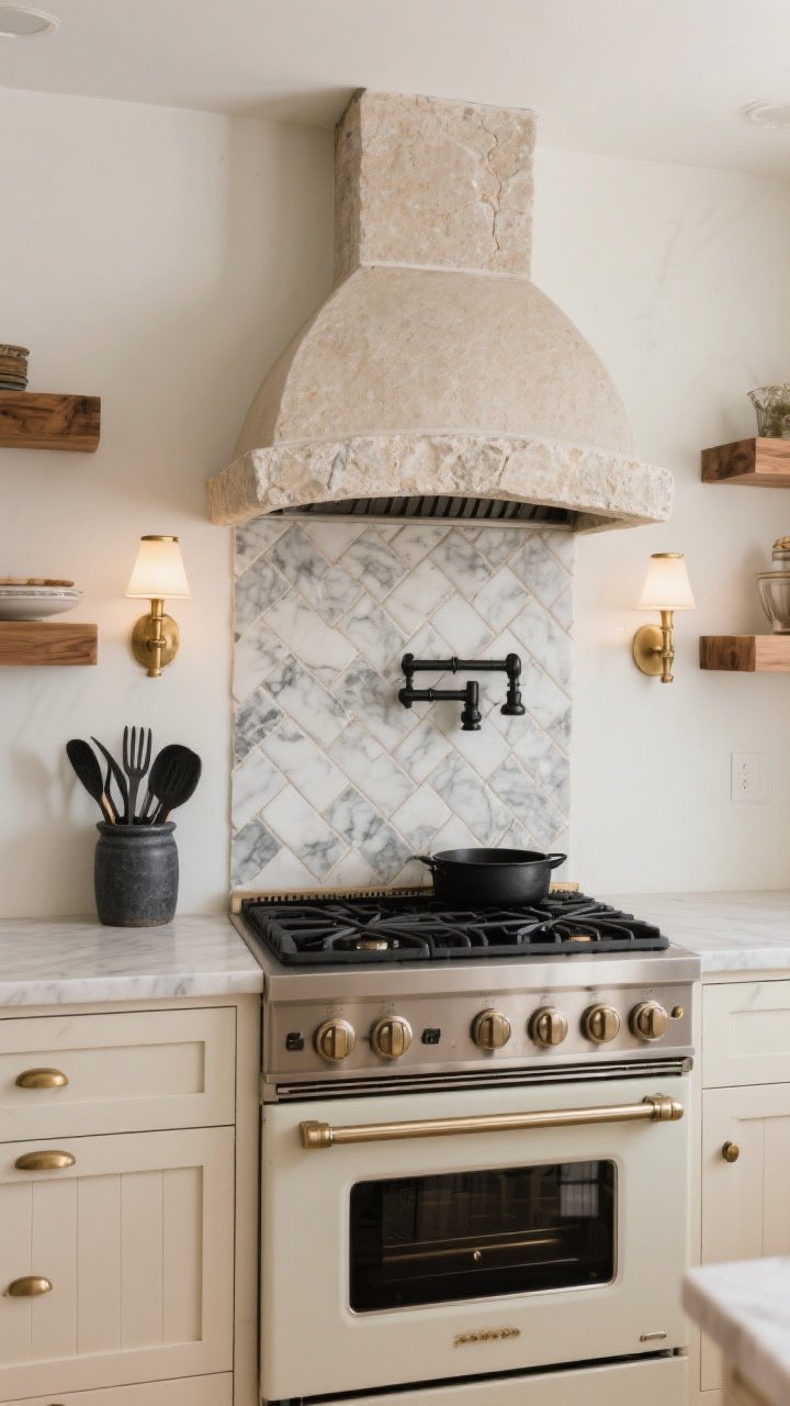 Medium kitchen shot: a farmhouse kitchen with a honed limestone herringbone backsplash behind the range and a softly curved stone range-hood surround. Tumbled marble accent tiles near the pot filler, matte black hardware on creamy cabinetry, warm oak accents on open shelves. Contrast shown with dark slate utensil crock and light stone surfaces. Sealed stone finish with a gentle sheen, brushed brass sconces flanking the hood. Soft, even task lighting; straight-on view centered on the range wall. Photorealistic.