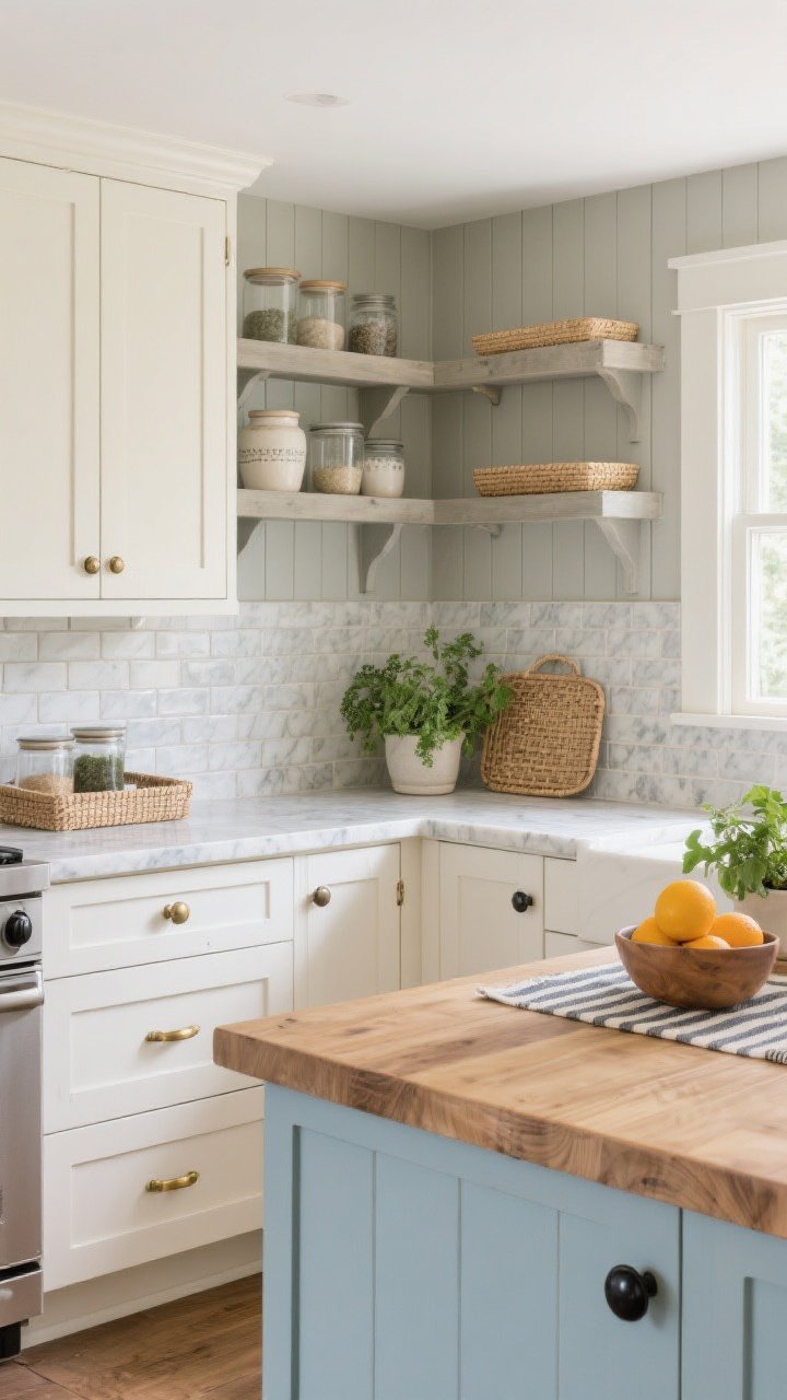 Medium kitchen shot from a corner angle: Shaker cabinetry in warm white/pale greige with an island in soft blue-gray or natural oak. Hardware mix: black knobs and unlacquered brass pulls. Honed marble or marble-look quartz counters; butcher block on the island. Backsplash in handmade-look subway tile or vertical shiplap painted a whisper of gray. Open shelves styled with stoneware, glass canisters, and woven trays; add potted herbs, a bowl of citrus, and a striped runner. Bright, natural daylight.