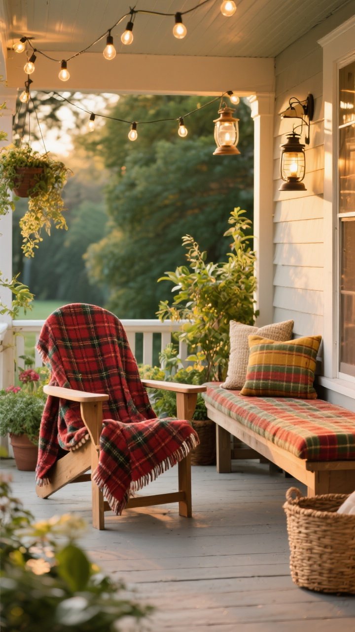 Medium outdoor scene on a porch: an Adirondack chair with a plaid blanket draped over the back (Chair-Back Drape), softening the silhouette; nearby, an outdoor bench with the plaid as a base layer and stacked pillows on top, secured with discreet clips/non-slip pads; palette leans earthy reds, greens, and mustard tones complementing surrounding plants; string lights overhead and lanterns for glow; washable, tightly woven blankets with a nearby basket for storage; golden-hour lighting, cozy porch goals, no people.