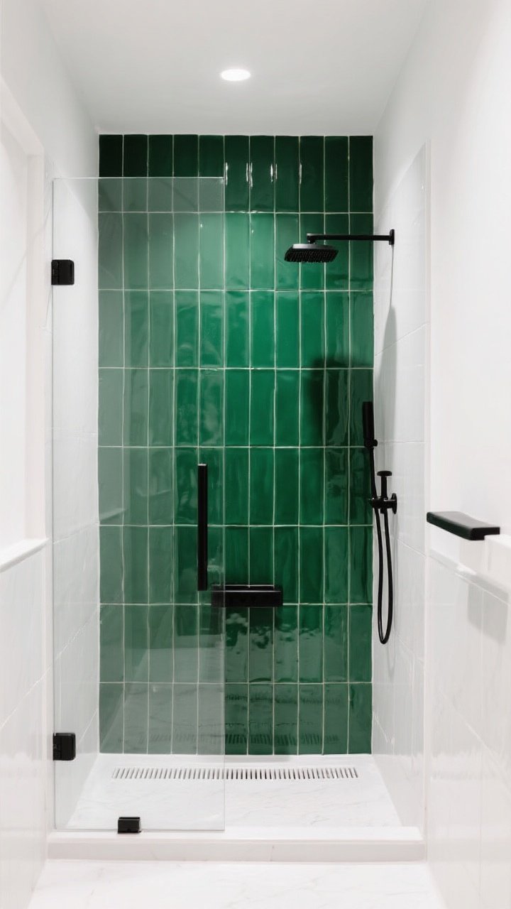 Medium shot: A compact shower with frameless clear glass doors showcasing a dramatic back wall of rich emerald-green porcelain tiles set in a vertical stack bond to the ceiling; the side walls are plain white porcelain for contrast; matte black shower fixtures and a linear drain keep it sleek; bright, even lighting highlights the glossy statement wall and adds perceived depth.