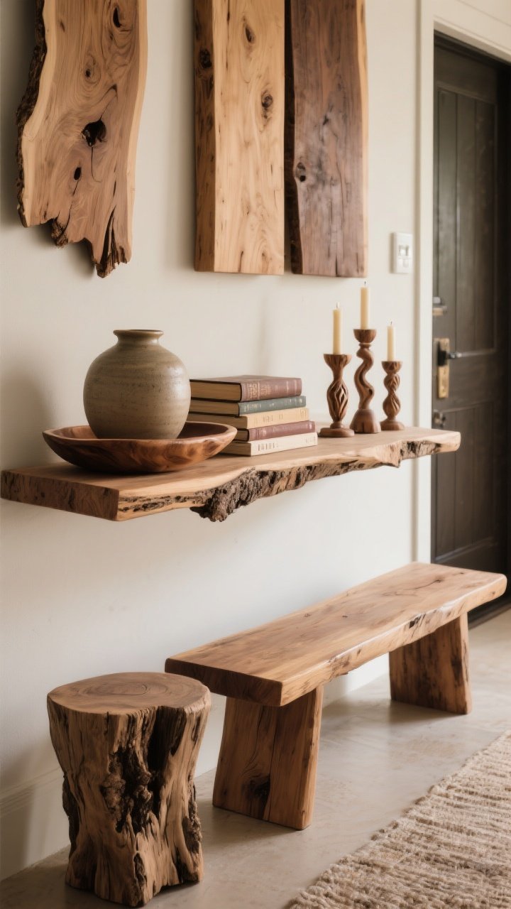 Medium shot: A console vignette showcasing raw wood moments—live-edge wooden tray holding a ceramic vase and a short stack of books, beside carved wooden candleholders; nearby, a rustic bench with matte, oiled finish sits by the entry. Mix wood tones (oak, walnut, pine) with varied textures to feel intentional, avoiding matchy-matchy sets. Include a small live-edge side table peeking in frame for that collected, well-traveled energy. Lighting is warm and natural, no gloss, with a matte/oiled sheen on wood surfaces. Three-quarter angle to capture depth and material contrast.