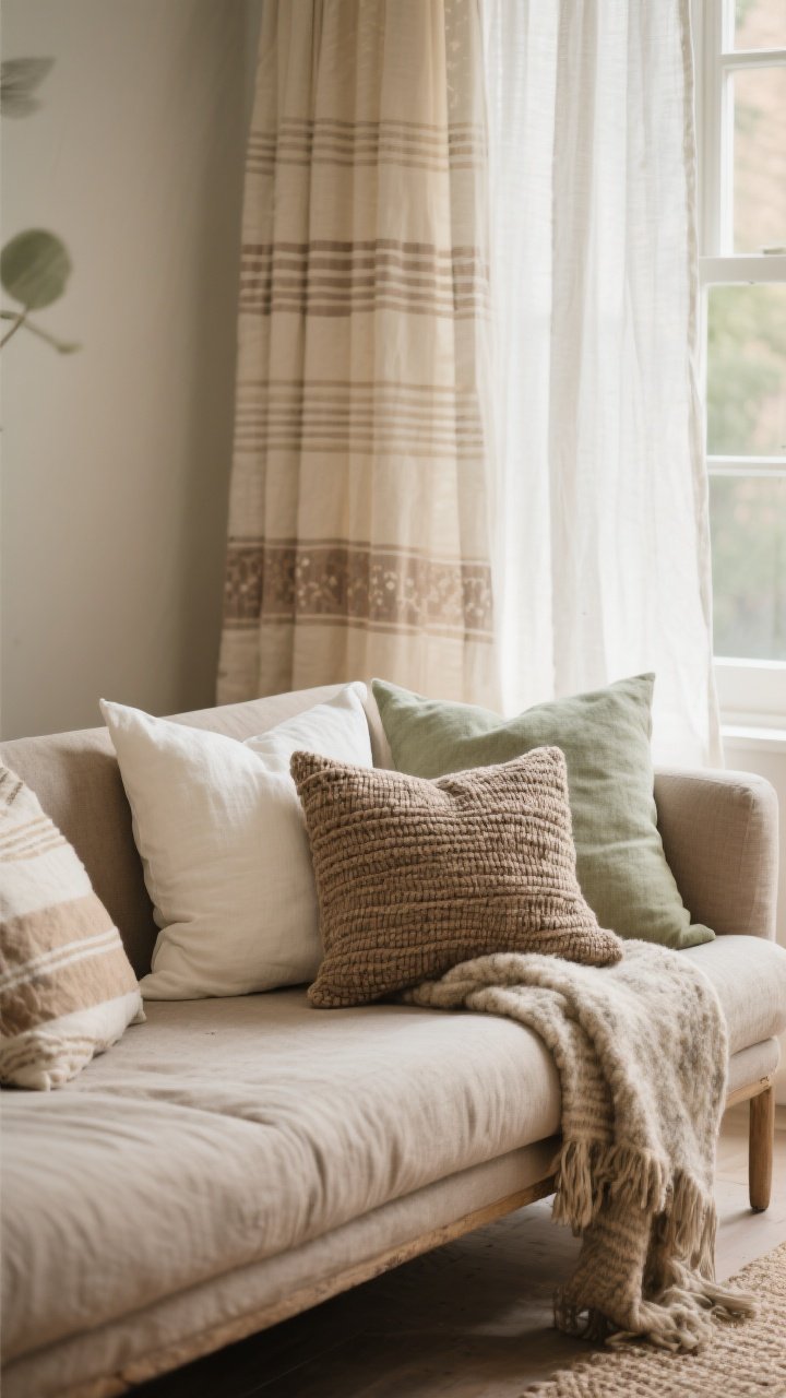 Medium shot: A cozy sofa scene layered with natural textiles—linen, cotton, wool, and hemp. “Pillow party” arrangement: stone and warm white linen pillows, a woven lumbar in taupe, and a chunky knit wool cushion; a nubby wool throw draped over the sofa arm. Unlined linen curtains in warm white soften daylight at the window, casting a dreamy glow. Tonal earth palette of clay, sand, olive, oat, and taupe; patterns are minimal—subtle stripes and gentle block prints for restrained interest. Side angle to showcase drape, breathability, and texture.
