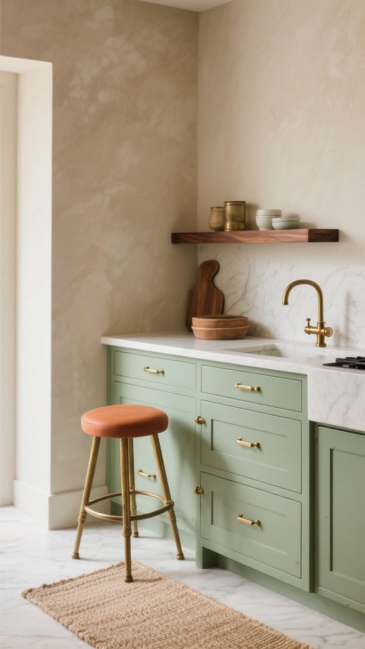 Medium shot: A curated kitchen vignette showing a color story of sage, mushroom, and brass. Lower cabinets painted sage in low-sheen eggshell, creamy mushroom-toned walls, and walnut accents on a small shelf. Aged brass hardware and a quiet matte finish throughout. Include a secondary palette detail on the island stool with terracotta seat and a sand-toned rug runner, all in soft natural light for a calm, layered look.