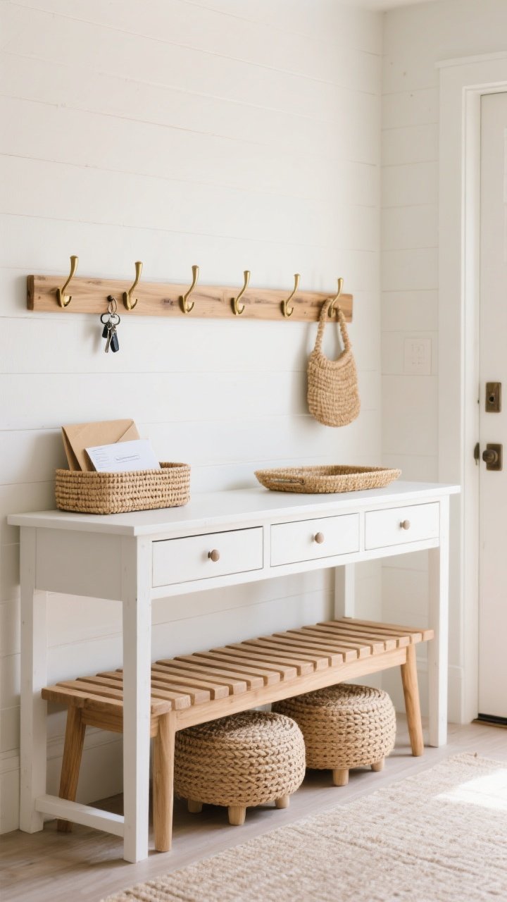 Medium shot: A functional, breezy entry vignette featuring a whitewashed slim console table with a lower shelf and shallow drawers, paired with a slatted teak bench with a woven seat. Two small woven ottomans tuck neatly under the console for double-duty seating/storage. A rattan or seagrass tray on the console corrals keys and mail. Natural wood peg rail with brushed brass hooks lines the wall. Light oak and driftwood finishes, open silhouettes, and practical storage that looks like decor; soft natural lighting.
