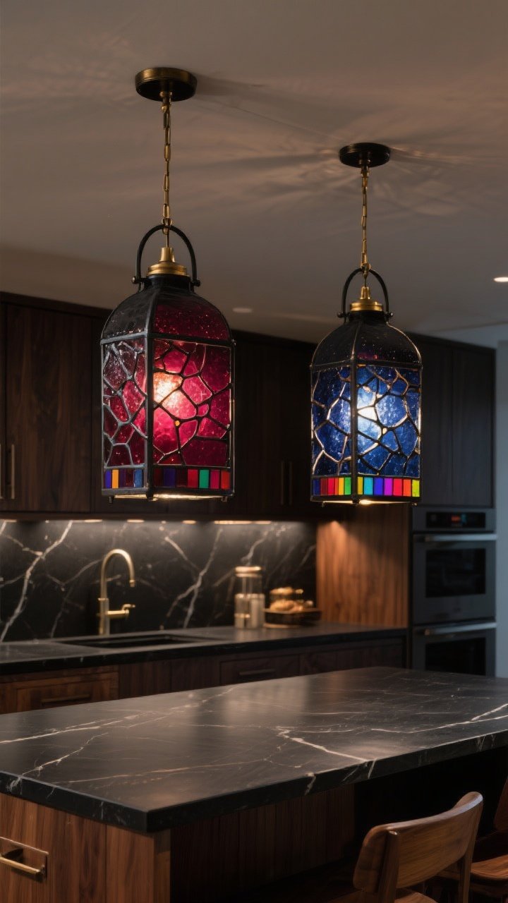 Medium shot: A kitchen island scene with two large stained glass pendants in deep garnet and inky sapphire, framed in matte blackened brass; seeded and slight crackle glass textures that diffuse glare, casting jewel-toned puddles of color onto dark wood cabinetry and a honed black stone countertop; clean lantern-shaped silhouettes to keep it chic, no rainbow patchwork; warm ambient evening lighting with the pendants as the primary glow; photorealistic, straight-on view capturing the pendants’ color wash and texture detail.