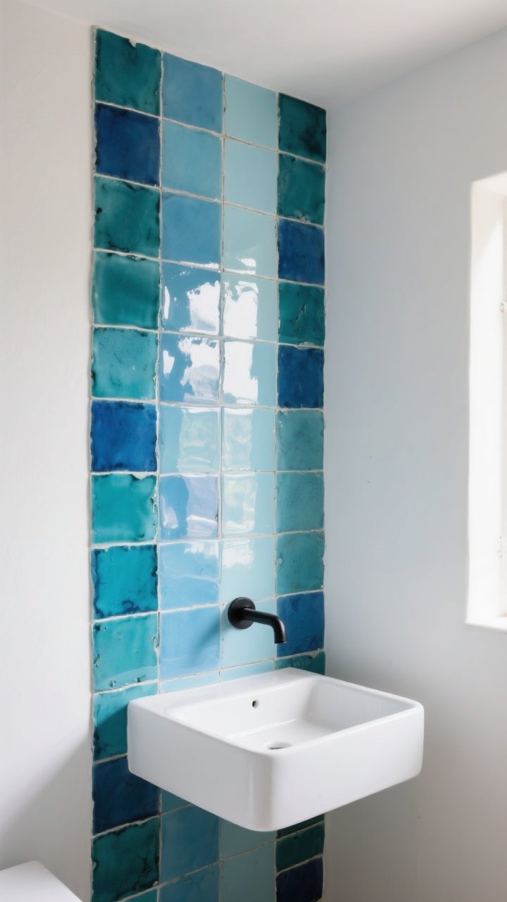 Medium shot: A minimalist bathroom feature wall of handmade-look glossy zellige tiles in varied oceanic shades—azure, sky, and teal—laid in a vertical stack to elongate the ceiling; simple integrated white sink with minimal, clean-lined profile; matte black fixtures providing contrast; soft natural window light bouncing off the tile’s imperfect sheen to create a sun-drenched villa vibe; photorealistic, slight corner angle.