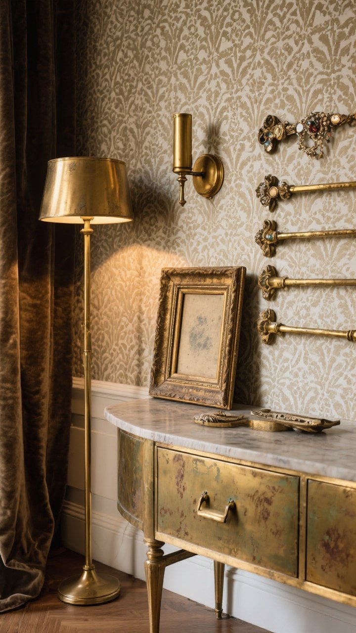 Medium shot: A vignette mixing brass patinas like styled jewelry—on a console against patterned wallpaper, pair a brushed brass floor lamp beside a polished brass sconce on the wall, with an aged/unlacquered brass picture frame and brass cabinet pulls repeating the finish three times. Show subtle tarnish and fingerprints preserved, not over-polished. Warm ambient glow, layered textures (linen, velvet, wood grain), Paris flea market vibe, no people, photorealistic.