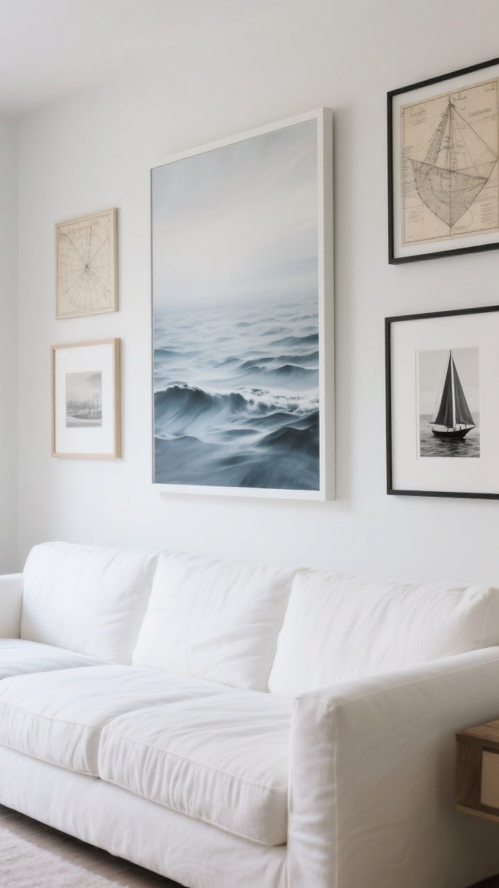 Medium shot: Art wall above a white sofa featuring a large abstract seascape in misty blues and grays as the focal point, flanked by framed vintage nautical charts and a black-and-white sailing photograph; calm, sophisticated palette, matte frames; gentle diffused daylight for a serene gallery feel.