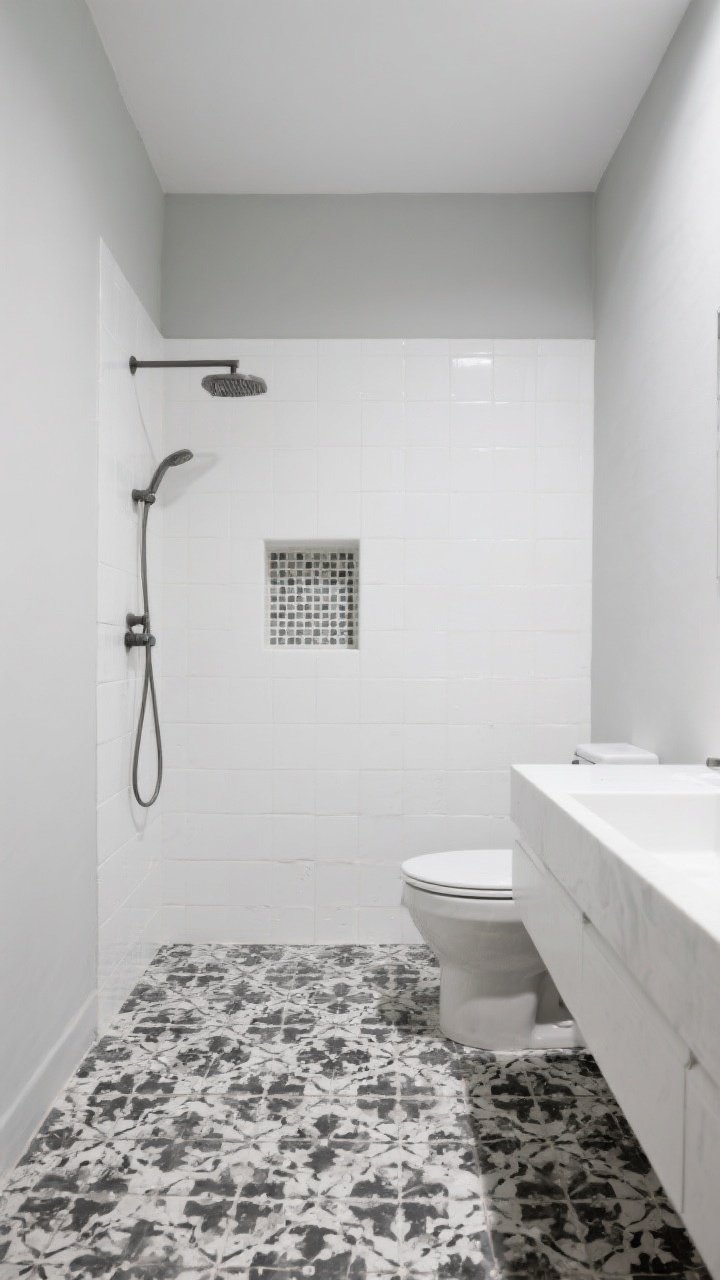 Medium shot: Bathroom composed with the two-surface rule—bold patterned floor (graphic black and white cement-style) + simple white shower walls, with a tiny micro-pattern mosaic limited to a small shower niche. Solid white countertop and quiet light gray wall paint to reduce visual noise. Take the image as if checking composition: clear hierarchy and restful balance. Neutral, diffused lighting. Straight-on framing to emphasize restraint and edited selection.
