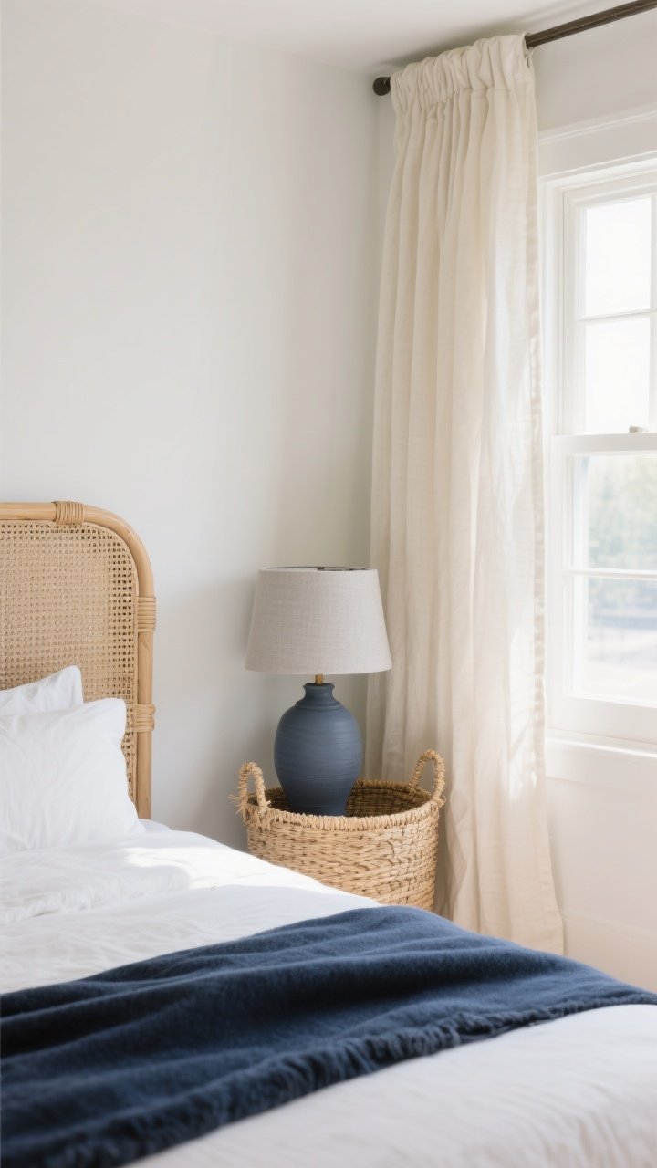 Medium shot, bedroom corner: cream linen drapes framing a window, woven cane headboard with rattan accents, a neatly folded navy throw on cream bedding; seagrass basket at the bedside, soft gray ceramic lamp bridging navy and cream; warm white walls and gentle afternoon light; straight-on view, soft coastal minimalism.