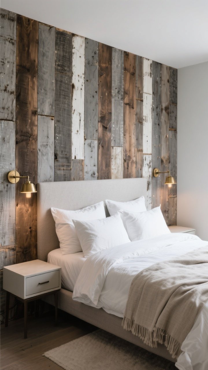 Medium shot, bedroom headboard wall: reclaimed wood wall behind the bed running all the way to the ceiling, mixed options visible but unified in palette—weathered gray and deep walnut boards with a few subtle whitewashed pieces for lightness; integrated brass wall sconces wired into the planking above simple nightstands; crisp white bedding with layered pillows, neutral linen throw; matte finish on wood, vertical planks to elongate the room; warm bedside lighting, corner angle, calm and luxe tone.