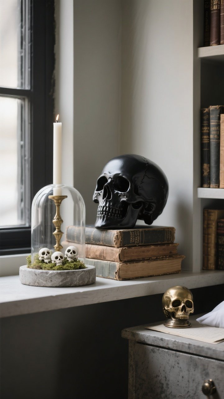 Medium shot, bookshelf vignette: a matte black ceramic skull perched on a stack of worn vintage books beside a glass cloche with tiny mini skulls and moss, and a single tall bone-white taper candle in antique brass on a narrow console shelf; alternate placement options visible in frame include a small brass skull as a paperweight on a nightstand holding a gothic novel; materials mix of stone/concrete skull and oxidized pewter accent, neutral palette with inky shadows; soft, directional window light creating sculptural highlights; mood is curated, artful, and minimal with rich textures and no clutter.