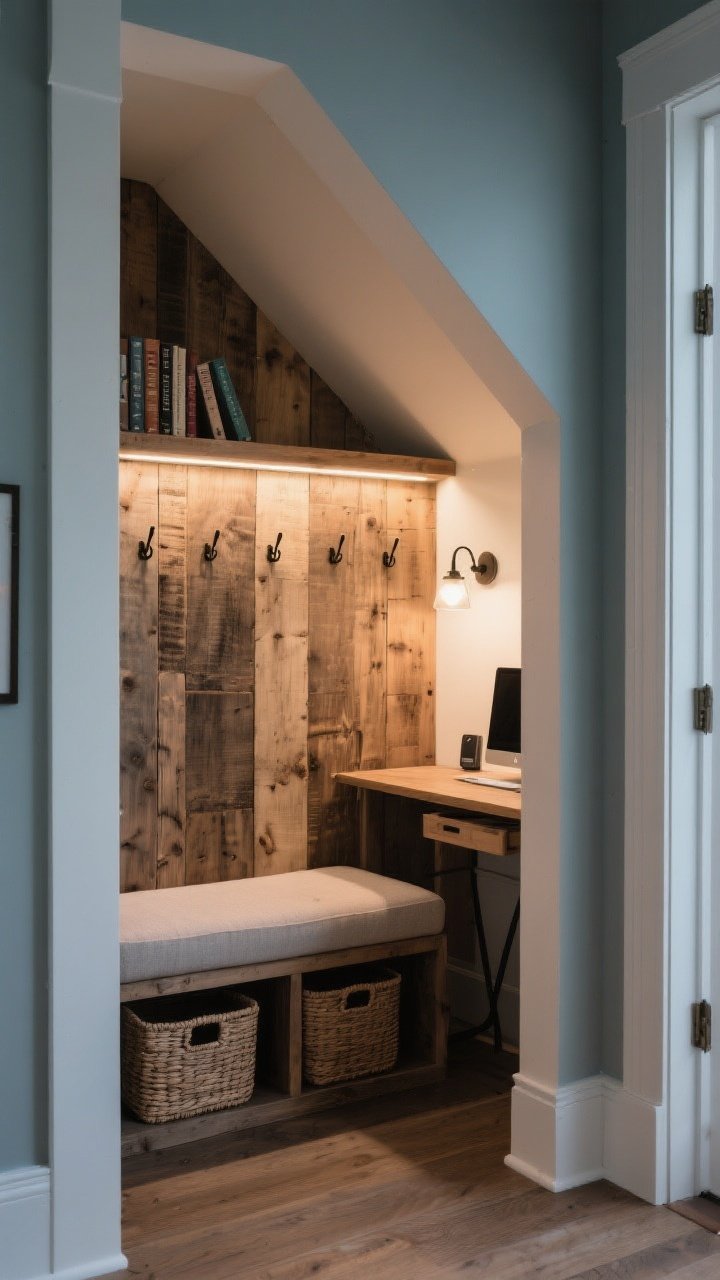 Medium shot, built-in nook: under-stairs or alcove nook with a reclaimed wood backdrop of narrower boards for less visual bulk; cushion bench seat, a small library-style sconce or hidden LED strip tucked under a shelf lip casting a soft museum-like glow across the texture; slim hooks and a narrow shelf for an entry drop zone with a couple baskets below, or a compact desk setup for a home office Zoom backdrop; surrounding trim painted wall color to let the wood pop; corner angle, calm and curated, evening ambient lighting.