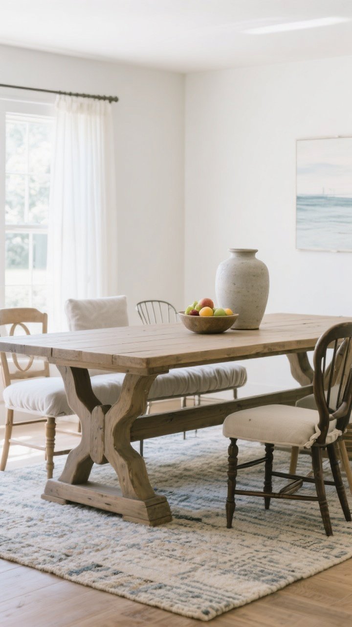 Medium shot, corner angle: A trestle-base farmhouse dining table with a sculptural center support, grand yet practical silhouette. The tabletop is kept clean with only a single stoneware vase or a simple bowl of fruit so the base is the focal point. Cushioned bench seating with washable slipcovers on one side, mixed chairs on the other. Rug extends at least 24 inches beyond pulled-out chairs. Soft, diffused daylight; subtle coastal or modern accents; photorealistic focus on the trestle form and generous legroom.