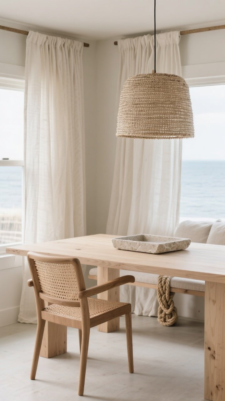 Medium shot: Curated material vignette in a modern coastal dining nook. A light oak table with clean lines, paired with a single rattan/cane-backed chair; honed limestone tray centered on the tabletop. Breezy linen curtains filter daylight in the background. One standout textured pendant overhead (woven shade), while surrounding elements stay quiet and minimal. Surfaces are uncluttered—no rope-wrapped accents—just one tactile hero piece and a balanced mix of oak, linen, and stone.