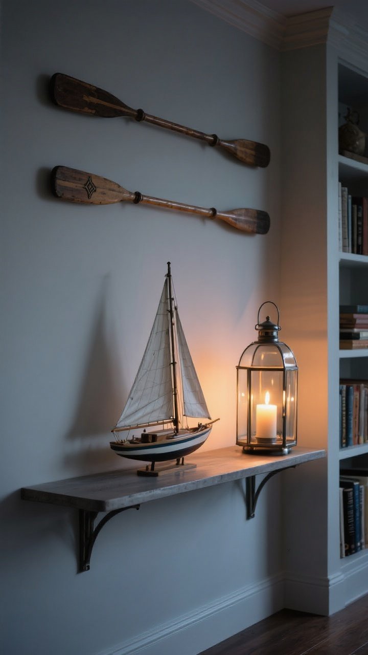 Medium shot: Curated nautical objects—pair of vintage oars mounted horizontally above a slim console, a single elegant model sailboat on a bookshelf to the side, and a metal-and-glass hurricane lantern with an LED candle creating a moody glow; evening ambient light with a warm accent from the lantern; restrained, high-quality feel.