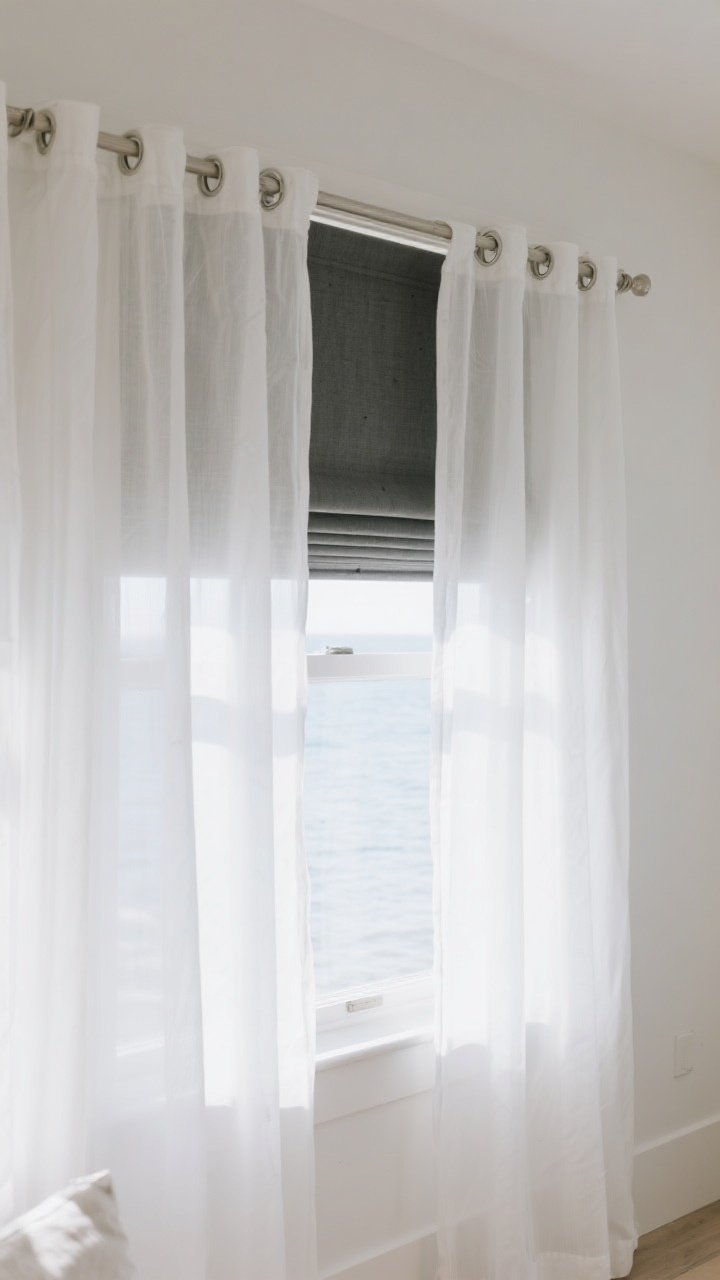Medium shot demonstrating smart linings: a layered setup with sheer white front panels on clip rings and a separate lined blackout panel behind on the same rod; soft coastal glow maintained at the front while blackout provides control; removable tension rod option visible within the window frame for rentals; neutral palette, white walls; side angle to show layering depth under natural daylight