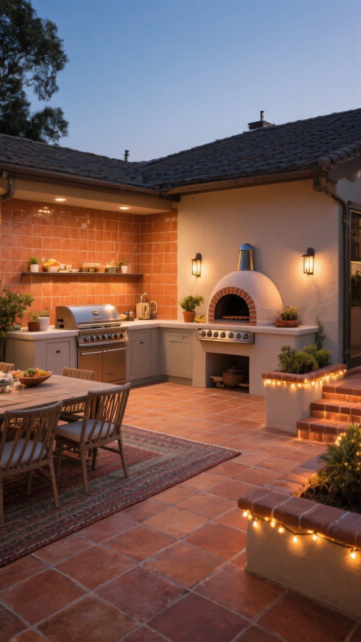 Medium shot, entertainer’s outdoor kitchen at twilight: terracotta floor tiles continued up a backsplash and bar front, built-in grill and prep zone, a dome pizza oven, zoned layout with tiled cooking/traffic paths and an outdoor rug defining dining area, neat bullnose/stair-nose edge details on steps and raised planters, warm string lights and dimmable wall sconces for ambience; inviting, functional glow; photorealistic, no people.