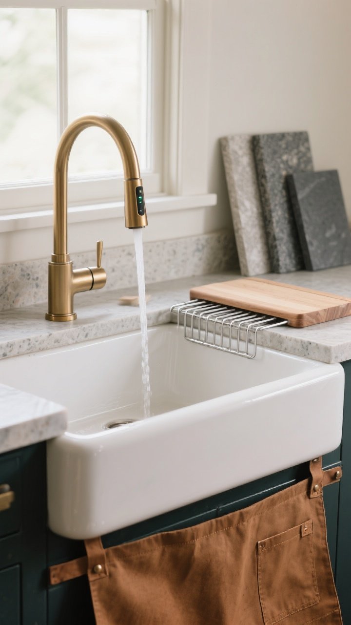Medium shot focusing on an apron-front farmhouse sink upgrade: a fireclay apron-front sink with a 9–10 inch deep basin, integrated ledge holding a sliding drying rack and cutting board, high-arc pull-down sprayer faucet in brushed brass with touch/voice control details implied (small LED indicator), adjacent countertop in stone, soft window light highlighting the sink’s smooth surface; include optional stainless and matte stone composite samples leaning nearby, clean backdrop, straight-on angle, photorealistic.
