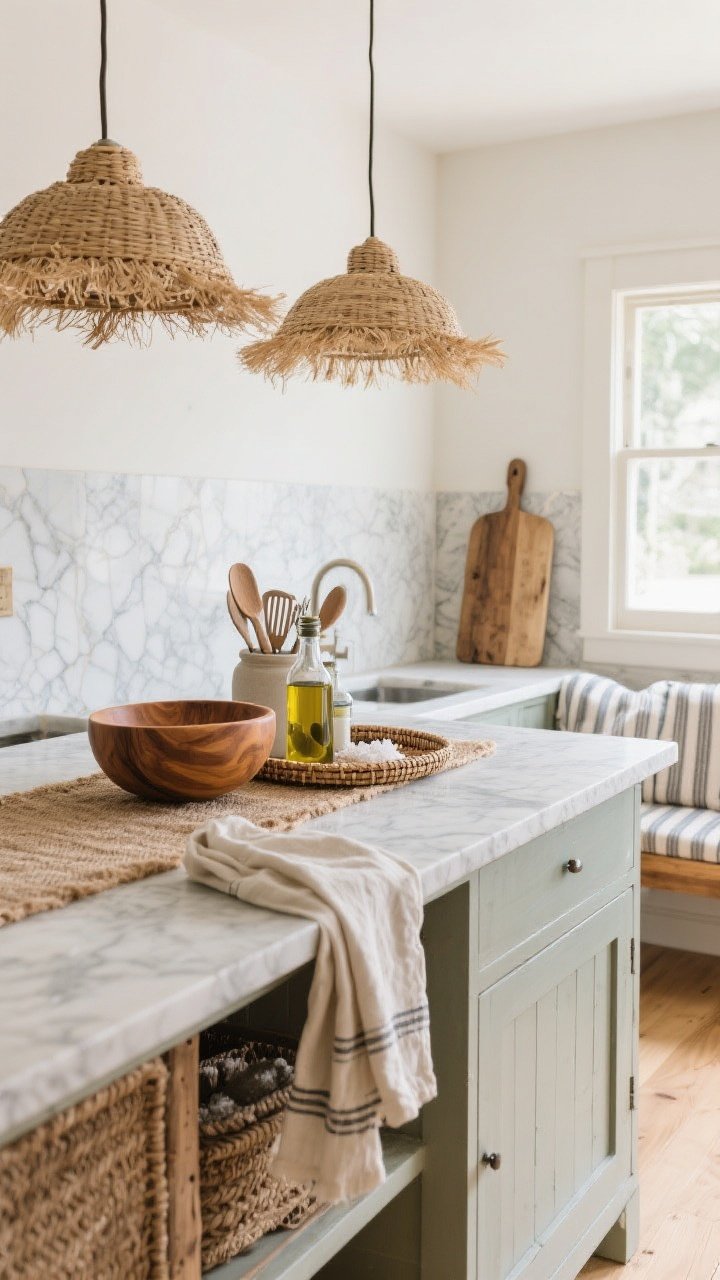Medium shot focusing on layered coastal textures at a kitchen island corner: rattan or seagrass pendant lights overhead, a low-profile jute runner on light wood floors, a polished marble utensil crock beside a mango-wood bowl on a stone countertop, and a woven tray corralling olive oil and sea salt; linen tea towels draped on the counter edge and a striped throw on a nearby bench; mix of weathered wood cutting board leaning against polished stone backsplash; soft morning light to highlight rough-smooth contrast.