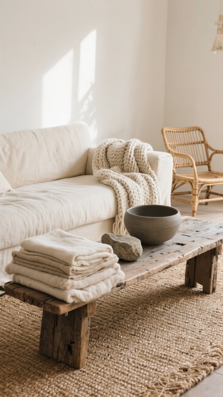 Medium shot focusing on layered textures: a cream linen sofa paired with rattan armchairs, a chunky knit throw draped over the arm, a jute/sisal rug underfoot, a weathered reclaimed wood bench stacked with soft cotton throws, and a matte ceramic bowl and stone accessory on the bench; natural daylight, tactile warmth emphasized