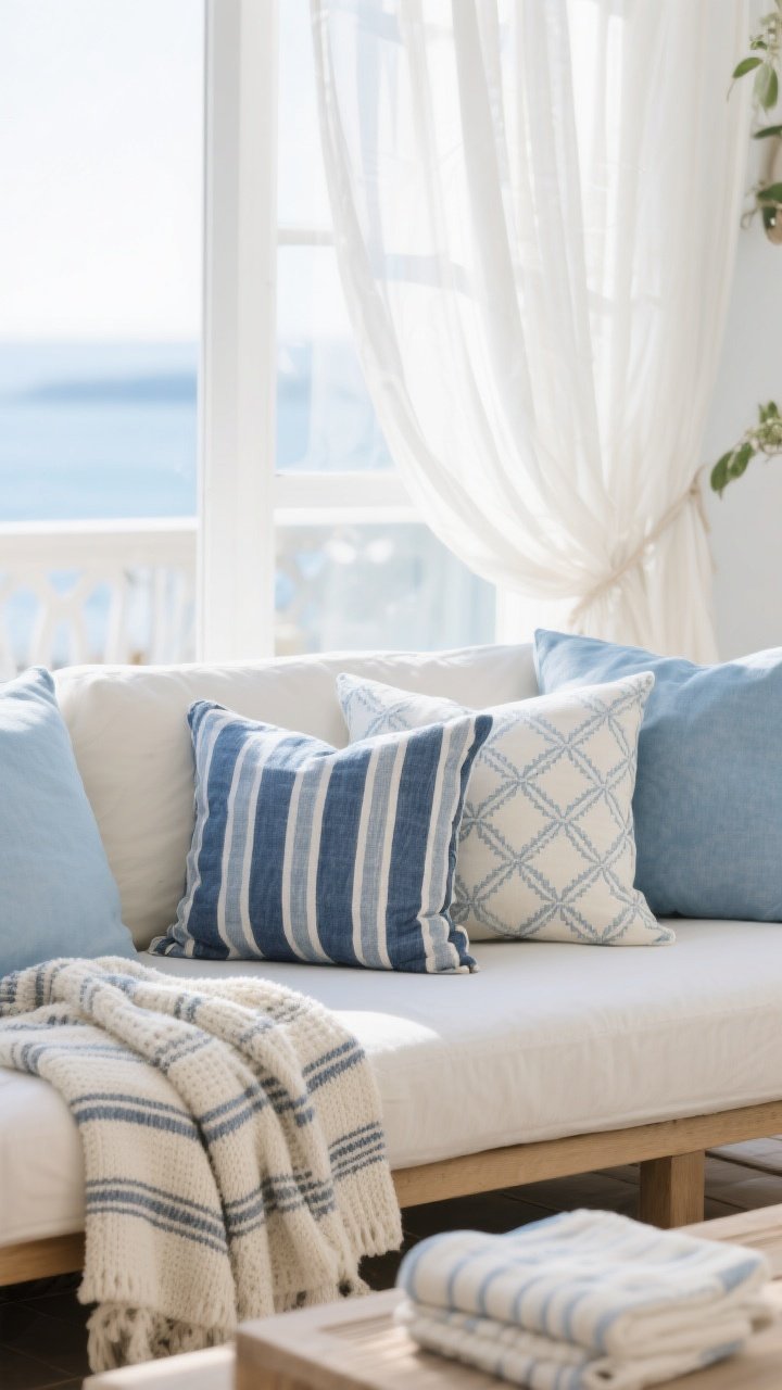Medium shot focusing on textiles with subtle coastal patterns: a sofa styled with a mix of pillows—solids in soft blue and ivory, classic navy stripes, and one soft geometric print; a chambray-look pillow adds texture; lightweight knit throw and folded Turkish towels in stripes over the arm; sheer white outdoor curtains billowing slightly; bright natural light, photorealistic.