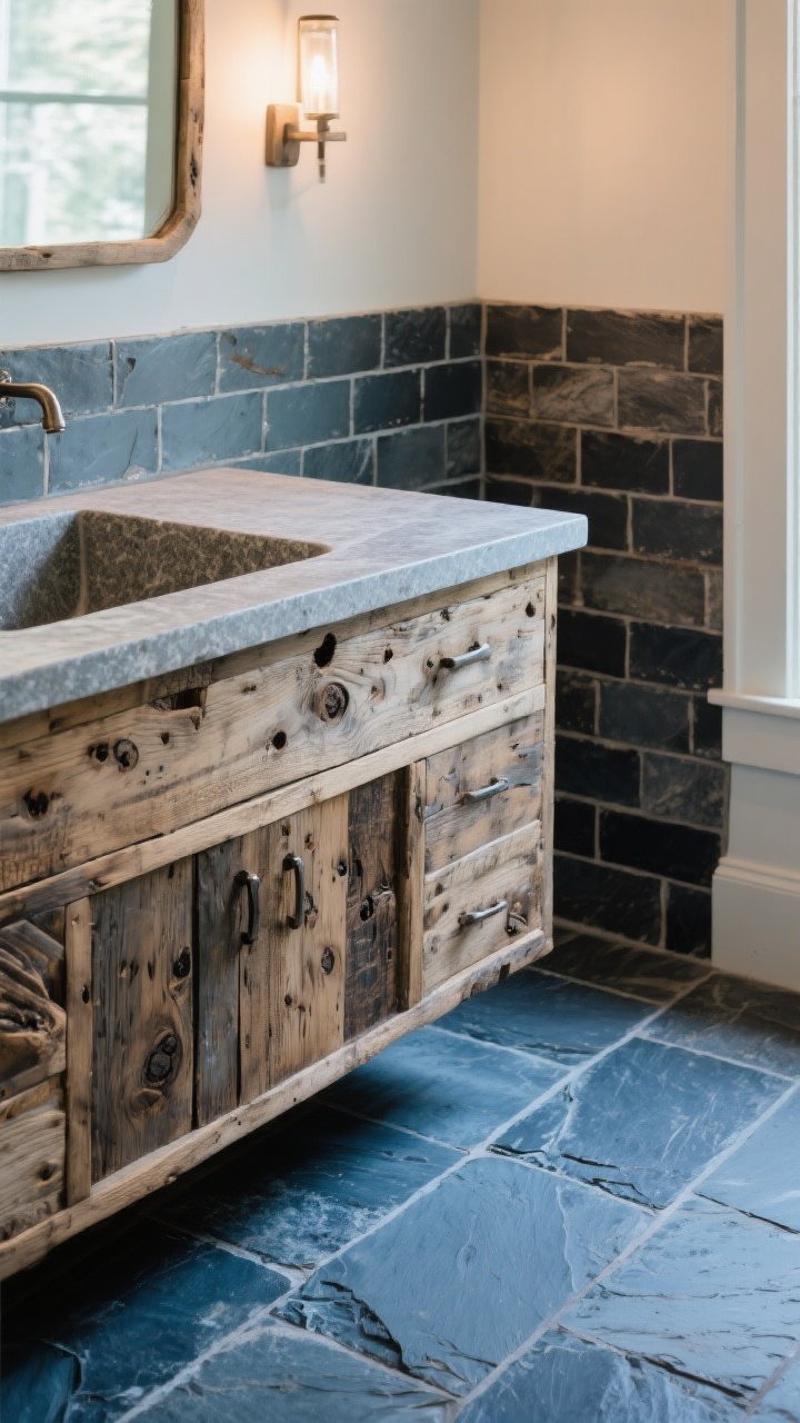 Medium shot from a corner angle: Reclaimed barn wood vanity with visible knots and patina next to a floor of slate tiles laid in a running bond pattern. Slight shimmer and color variation in the slate (charcoal, blue-gray). A solid stone sink on the vanity for weight. Subtle warm task lighting, sealed wood finish with a soft sheen. Rustic-meets-refined balance, photorealistic.