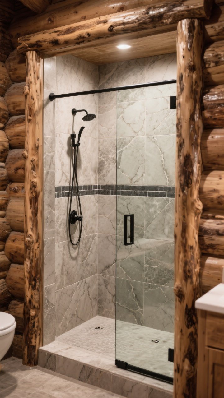 Medium shot from shower entry: A cozy cabin-inspired shower with log-style trim framing the opening, wood kept outside direct water zones. Interior clad in large-format stone-look porcelain tiles with subtle veining, showcased by frameless glass. Charcoal grout crisply outlines the tile pattern. Neutral, warm lighting highlighting the stone look while keeping maintenance-friendly vibes. Photorealistic.