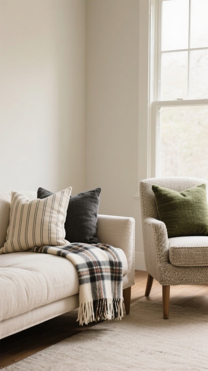 Medium shot, living room corner with a neutral linen sofa and an accent chair; focus on a plaid blanket styled two ways: The Artful Arm Drape on the sofa—blanket folded into thirds lengthwise with fringe hanging and the plaid pattern running diagonally over one sofa arm—and The Seat Anchor on the adjacent seat cushions—blanket folded in half and tucked slightly into the back seam; mix patterns with small-scale striped and solid throw pillows in a cohesive palette (e.g., cream, charcoal, and forest green), wool/tweed texture on one plaid and cotton-blend on the other; echo one blanket color in a pillow; soft natural window light, clean lines, purposeful casual vibe, no people.
