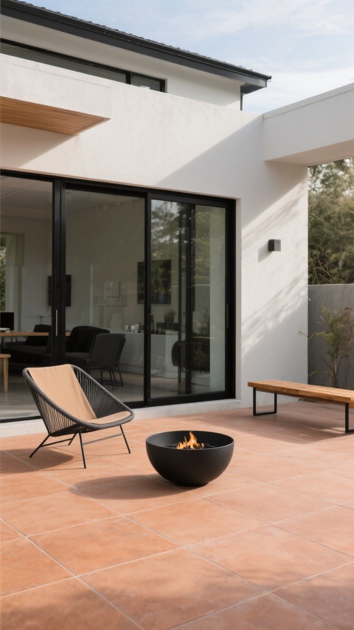 Medium shot, modern minimalist patio: large-format rectified terracotta or porcelain-look terracotta tiles with minimal grout lines, black-framed glass doors, monochrome furnishings in black, tan, and gray including low-profile sling chairs, a slim black fire bowl, and a teak bench; clean lines, crisp edges; soft afternoon light for a warm-but-sleek mood; photorealistic, no people.