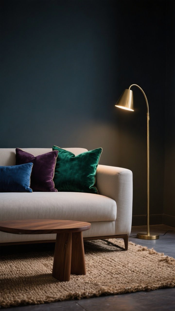 Medium shot, moody evening ambience: a living room vignette featuring a deep emerald velvet throw pillow set on a neutral sofa, grounded by a natural jute rug and a small wood side table; a brushed brass floor lamp arcs over the scene, casting soft, directional light that the velvet absorbs and the brass subtly reflects; finishes are matte/satin (no high-gloss), jewel tones lead (emerald), with additional accents in aubergine and sapphire on secondary pillows; overall cozy-glam mood with one natural element to keep it grounded