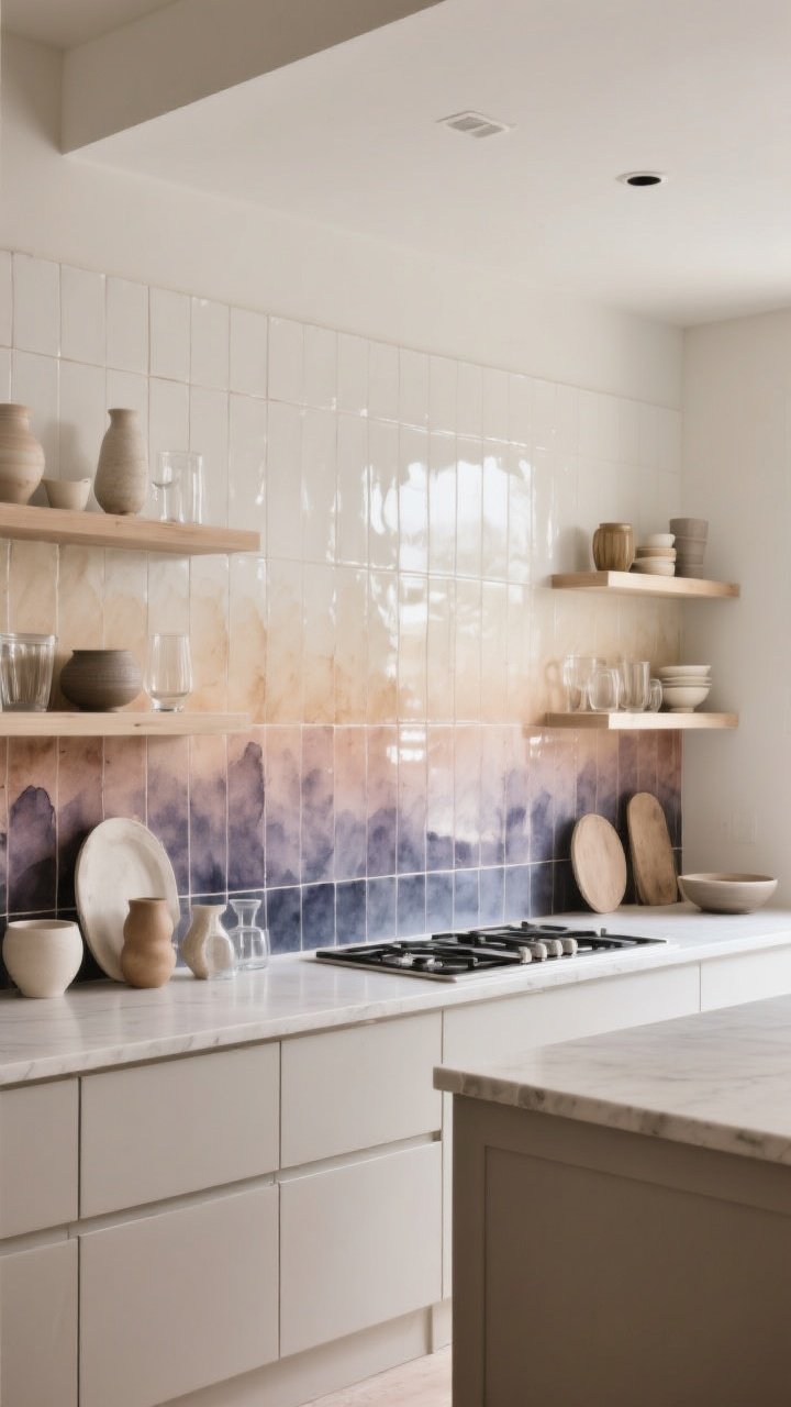 Medium shot of a backsplash featuring a watercolor-style ombre gradient: deeper tones near the counter fading to pale hues near the ceiling; tiles from the same collection in sequential shades, with some glossier pieces near the cook zone to bounce light; neutral grout that recedes; open shelves styled with ceramics and glassware echoing the gradient tones; soft, airy mood with gentle daylight, straight-on view, photorealistic.