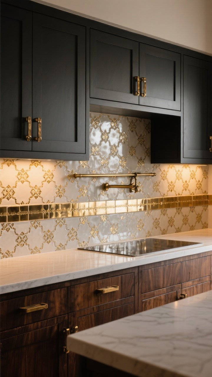 Medium shot of a backsplash featuring Moroccan-inspired tiles with brass inlay accents and a thin metallic-glazed border strip running horizontally; dark wood lower cabinets and charcoal uppers for contrast; aged brass or bronze pulls coordinate with the warm metallics; gentle ambient lighting with a soft highlight on reflective details; counters kept simple and uncluttered to emphasize gilded accents.