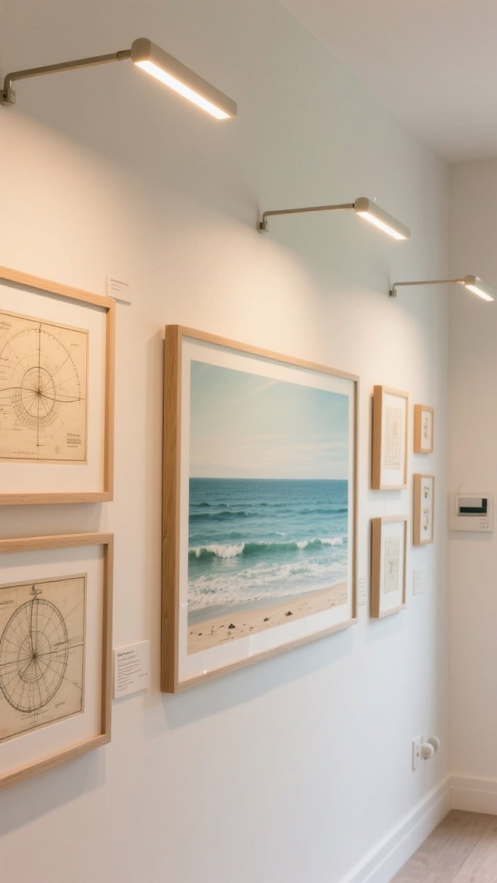 Medium shot of a beachy gallery wall illuminated by slim adjustable picture lights: warm LED art lights matched to 50–75% of artwork widths, angled to wash a large ocean landscape and vintage nautical charts without glare; mix of battery and plug-in fixtures neatly concealed; soft, museum-meets-beach-house glow on matte coastal white walls, photorealistic.