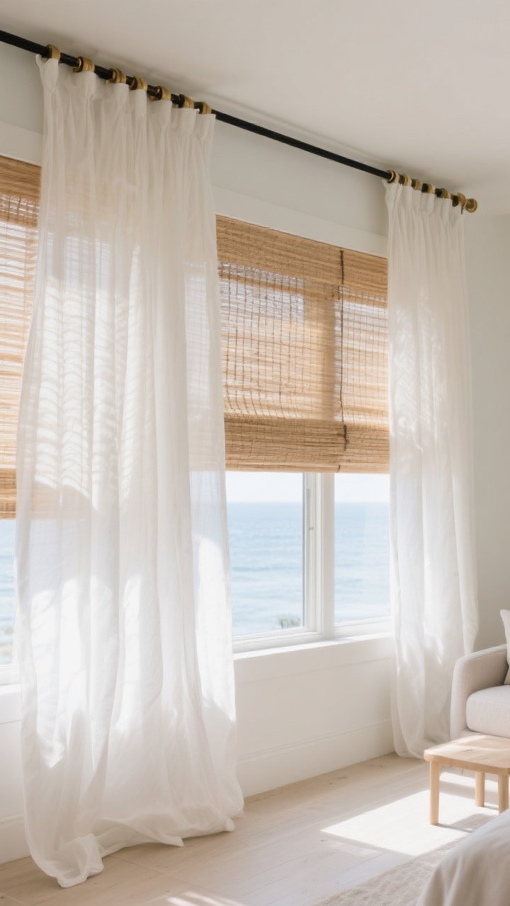 Medium shot of a bright window wall with breezy movement: ceiling-height linen sheers on a slim black or brushed brass rod billowing slightly, layered over woven wood shades in light oak/driftwood tones; pale walls, light floors, and minimal furnishings nearby to emphasize airy, coastal light; privacy-friendly layering and soft, natural illumination.